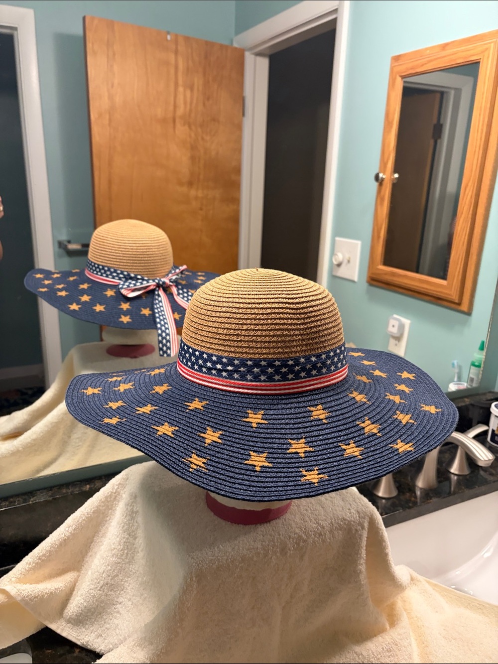 Wide Brim Star Straw Sun Hat with Patriotic Band, 7